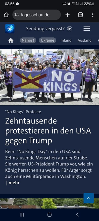 Screenshot der Tagesschauseite: "No Kings" Proteste - Zehntausende protestieren in den USA gegen Trump