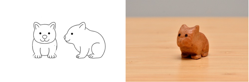 Bandsaw 3D wombat. Left is the bandsaw template used and on the right is the finished wooden wombat