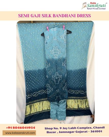 ✨ Elegant Grey & Indigo Shaded Gaji Silk Bandhani Dress💙