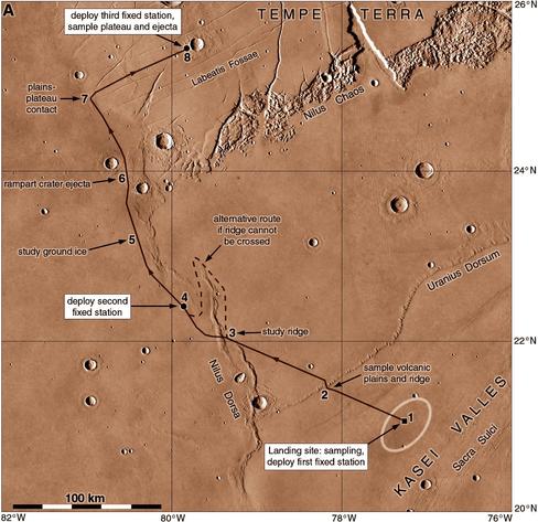This map shows a 300 km long drive by a rover on Mars. In 1993 François Costard described a rover mission for French space agency CNES. The rover would land in Kasei Valles, one of the giant channels on Mars, and drive over 300 km northwards. It would investigate several different geological features and rock types and drop off three instrument packages. The map shows it land in the valley floor, drive up onto youngish lava plains and investigate two ridges, then explore older fractured plains in Tempe Terra.