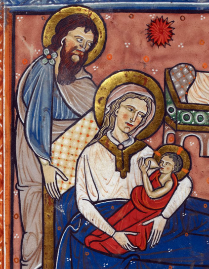 Medieval manuscript image of Joseph adjusting Mary’s pillow while she nurses Christ from her oddly disembodied breast.