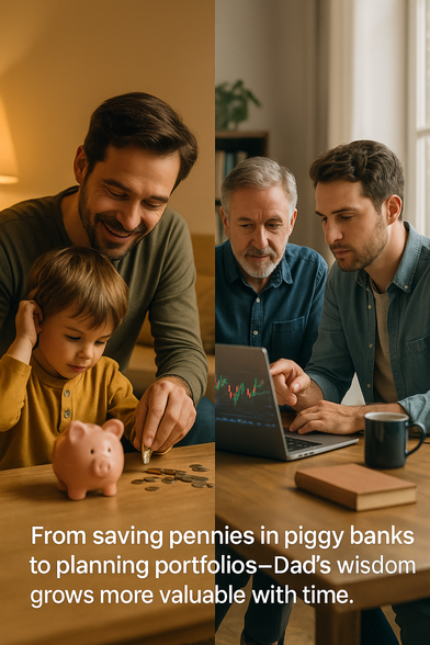 Split-frame image of a father-son journey. Left: young dad and son saving coins in a piggy bank. Right: grown son and older father reviewing stock charts. Caption: “From saving pennies to planning portfolios—Dad’s wisdom grows more valuable with time.” 💸