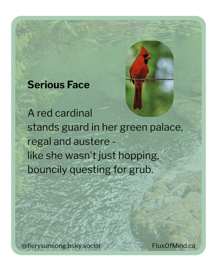 Serious Face

A red cardinal
stands guard in her green palace,
regal and austere -
like she wasn't just hopping,
bouncily questing for grub.

Fluxofmind.ca

Background photo of rocky water taken by me.
Foreground photo of northern cardinal is a stock photo from Canva.