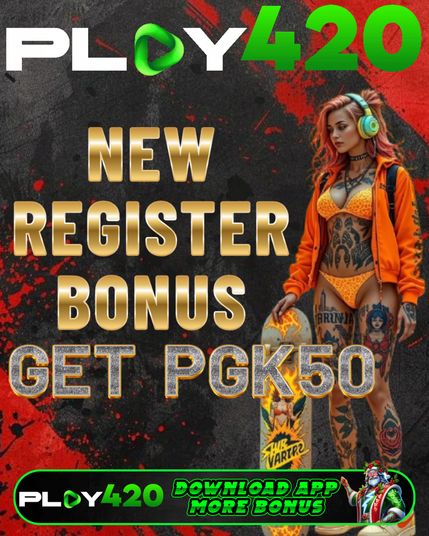 Promotional image for Play420 featuring a bold “New Register Bonus – Get PGK50” message in gold text. A tattooed woman wearing orange activewear and headphones holds a skateboard, set against a dynamic black and red background. Designed to appeal to mobile gamers in Papua New Guinea.
