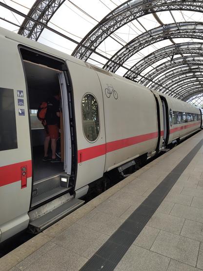 An ICE train at a platform. On its side there is a clear bicycle logo