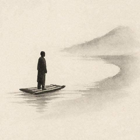A solitary figure stands on a raft, navigating toward the distant shore. The depicted scenery embodies the Buddhist journey: teachings serve as tools to cross the river of suffering, but once the goal is reached, they are set aside. Image interpreted and created by DALL•E 2.