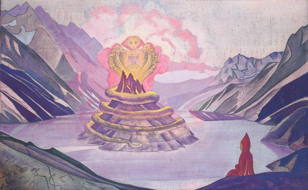 “Nāgārjuna Conqueror of the Serpent” by Nicholas Roerich, 1925. In a legendary tale, Nāgārjuna attracts the attention of a mythical race of dragon-like serpent beings, the Nāgas, through his discourses. Out of appreciation, they invite Nāgārjuna to their home world at the bottom of the sea and hand him the Prajñāpāramitā scriptures, which the Buddha himself is said to have given them for safekeeping, with the request that they only be made accessible to the world public when people were ready for their message. This legend alludes to the meaning of the name “Nāgārjuna”, which translates roughly as “white snake”. Indian mythology associates the color white (arjuna) with purity and the symbol of the snake (nāga) with wisdom. A distinguishing feature of Nāgārjuna is therefore the snakes that rise up behind his head in traditional depictions. Source: Wikimedia Commonsꜛ (license: public domain)