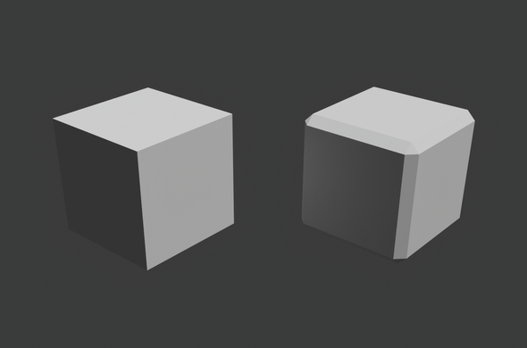 two cubes in blender. the right one has beveled edges