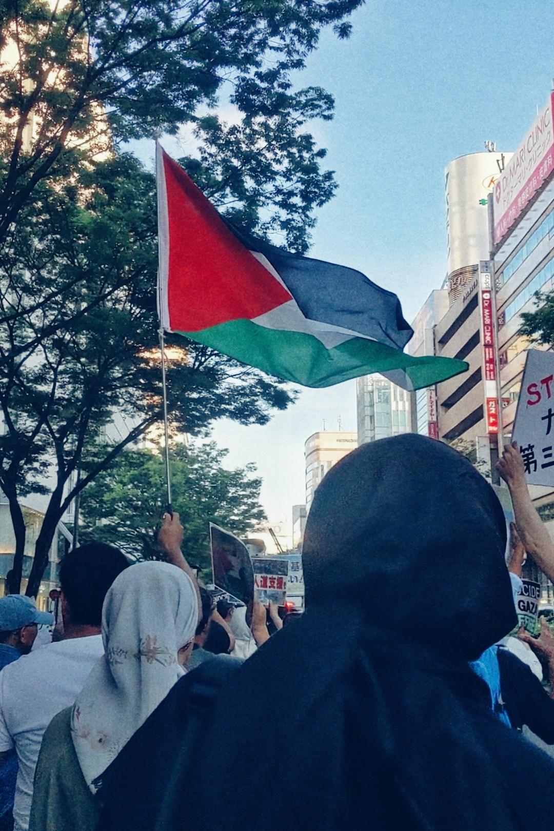 スカーフで頭を覆った人の後ろ姿とはためくパレスチナ国旗の写真