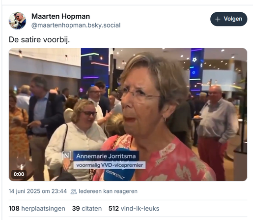 screenshot van post van Maarten Hopman op Bluesky, met videoclip van interview Nieuwsuur met Annemarie Jorritsma. (video via link )