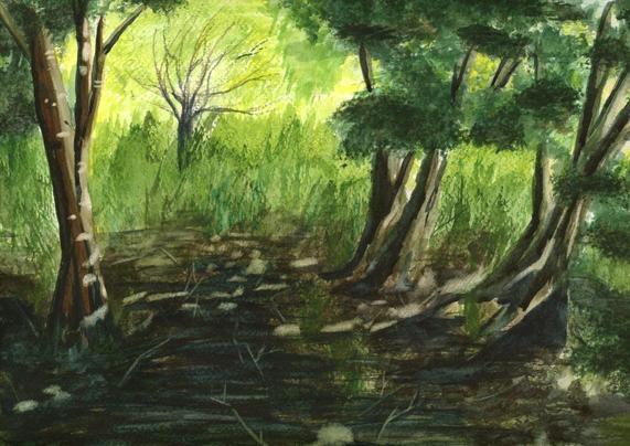 The upper image shows a watercolour painting of three trees overshadowing a dark area, with bright greenery seen through the gaps between the trunks. 