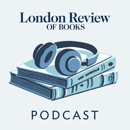 As a cover there is a possibly generated image in light and dark blue tones, in the middle we see 2 books with wireless headphones laying on them.
Text:
The title of the podcast is in minimalist clean font in dark blue color: 'London Review of Books' placed above the picture with the books, 'podcast' word is placed underneath books in dark blue capital letters.