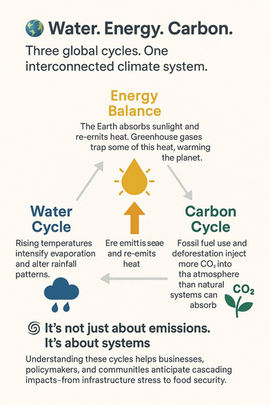 Three global cycles. One interconnected climate system.

When we talk about climate change, we often zero in on carbon dioxide. But what about water and energy?

Together, the water cycle, global energy balance, and the carbon cycle form a tightly linked system driving the Earth’s climate. A disruption in one affects the others:

💧 Water Cycle: Rising temperatures intensify evaporation and alter rainfall patterns, increasing the frequency of droughts and floods.
⚡ Energy Balance: The Earth absorbs sunlight and re-emits heat. Greenhouse gases trap some of this heat, warming the planet.
🌿 Carbon Cycle: Fossil fuel use and deforestation inject more CO₂ into the atmosphere than natural systems can absorb.