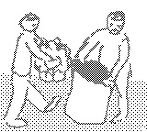 a 160x136 black and white pixel drawing of two people doing a common outdoor chore. one person holds open a large sack, while another has armful of material to put in it. it is all rendered with a halftone‘checkerboard’ pattern of alternating black and white pixels.