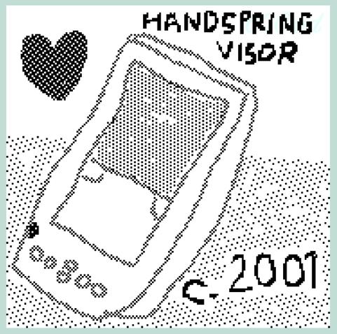 a 180x180 black and white pixel drawing of a handspring visor with a heart in the top left corner, the words ‘handspring visor’ in the top right. bottom left it says ‘c.2001’. different patterns and textures are employed throughout.