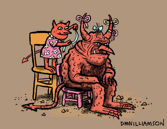 A little girl demon standing on a chair behind her demon faddy putting ribbons on his horns. 
