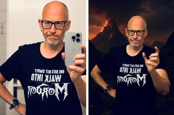 Links das Originalfoto vor dem Badezimmerspiegel, rechts die KI-bearbeitete Variante in Mordor. 