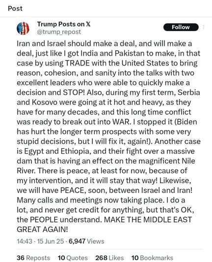Message from Trump about Israel and Iran that shows that he is in severe mental decline