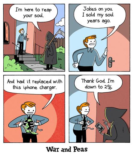 Panel 1: The grim reaper stands at a man's doorstep, saying, "I'm here to reap your soul." The man looks surprised. Panel 2: The man responds with a smirk, "Jokes on you. I sold my soul years ago." Panel 3: The man opens his rib cage, revealing green smoke and an iPhone charger cable, saying, "And had it replaced with this iPhone charger." Panel 4: The Grim Reaper checks his phone, saying, "Thank God. I'm down to 2%." and reaches for the iPhone charger cable.