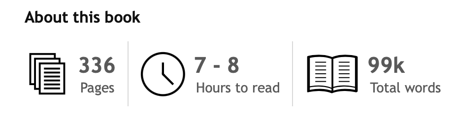 Screenshot of data about an ebook, saying 99k words / 336 pages takes 7-8 hours to read.
