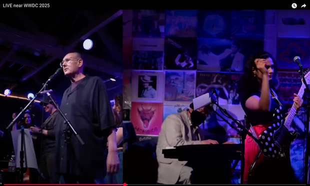 Snapshot from the “LIVE near WWDC 2025” performance of James Dempsey’s new song, Source of Truth. The screen is split, with James singing the lyrics in the left frame while Shloka and I are on the right. I’m leaning over the keyboard, playing the opening lines.