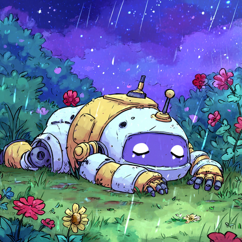Midjourney Prompt: An exceptionally atmospheric image of a sleeping robot lying on the grass in the rain, painted in a random style --sref 3689411491 --sv 4 --v 7