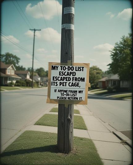 ②« Generated by LeonardoDiffusion »
A lonely, worn wooden telephone pole stands alone on a suburban street, with a makeshift sign taped to it. "MY TO-DO LIST ESCAPED FROM ITS PET CAGE," reads in bold black letters, with a plea below: "IF ANYONE FOUND MY TO-DO LIST PLEASE RETURN IT." The sign's style is reminiscent of folk art, influenced by the whimsical illustrations of Christian Robinson, the emotive lines of Quentin Blake, and the playful textures of Beatrix Potter.