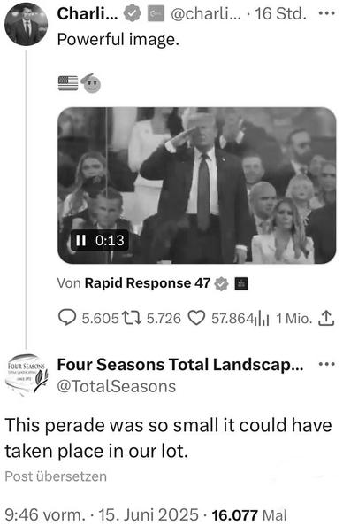 TwiX-Screenshot 

Charlie… tweeted:
Powerful image.
Video still of Trump standing and saluting. 

Four Seasons Total Landscapings answer:
This perade was so small it could have taken place in our lot