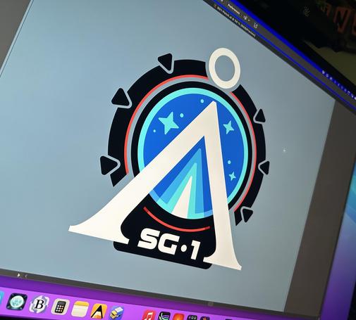 Vector artwork in a simple graphical style reminiscent of classic NASA mission patches. Depicts the Earth chevron from the Stargate movie and TV show in front of the Stargate with the initials SG•1 at the bottom.