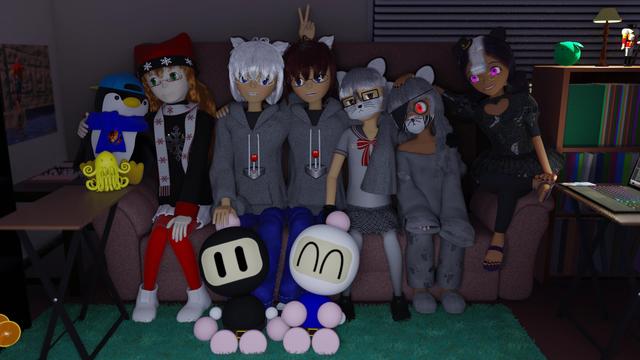 My main cast of characters squeezed into a couch and then some. Jack and Chime on the left. Cthulemon on a table. Kagami, Belle, and GS arms linked in the middle. Carillon and Tocsin on the other end. Black and White Bomber on the floor.