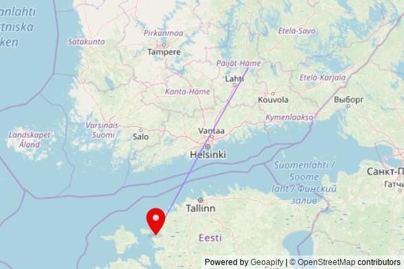A map showing the great circle route from Heinola in Finland to a map pin at Haapsalu adventkirik, Endla 4, 90504 Haapsalu, Estonia