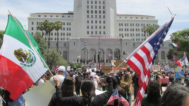 Protester waves US and Mexican flags at gathering in front of Los Angeles City Hall.