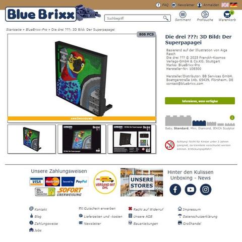 Screenshot von https://www.bluebrixx.com/de/die-drei-/108500/Die-drei-%3F%3F%3F-3D-Bild-Der-Superpapagei-BlueBrixx-Pro