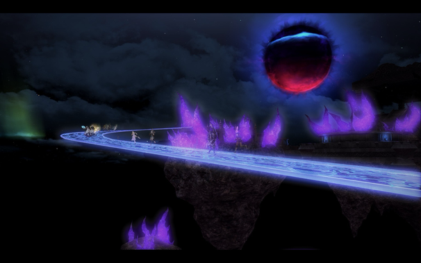 Screenshot of FFXIV gameplay. Showing the world of darkness and a mystic bridge connecting platforms.