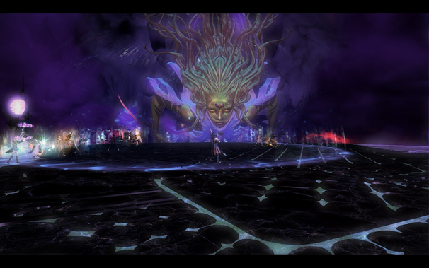 Screenshot of FFXIV gameplay. Showing the final boss of the alliance raid, the Cloud of Darkness.