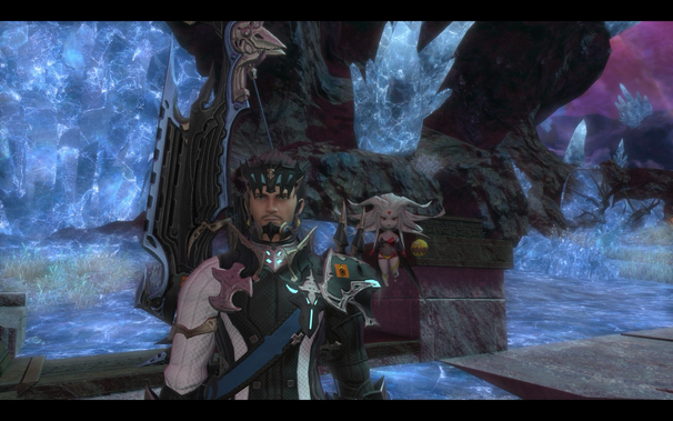 Screenshot of FFXIV gameplay. Showing the main character in Mor Dhona with his newly acquired Puff of Darkness minion.