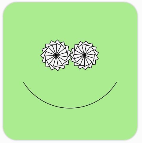 A green square with a wide wide smile and two white eyes looking like something between a bicycle wheel and a gear, meshing together.