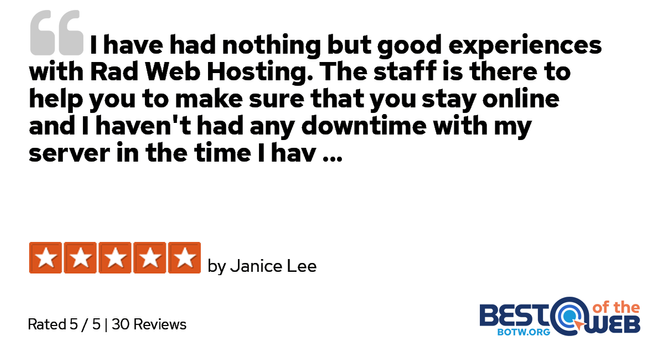 ⭐⭐⭐⭐⭐ - "I have had nothing but good experience with Rad Web Hosting..."
- Janice L

Read more ➡️ https://rwh.biz/5stars

#customerfeedback #customersatisfaction #fivestars #hosting #webhosting