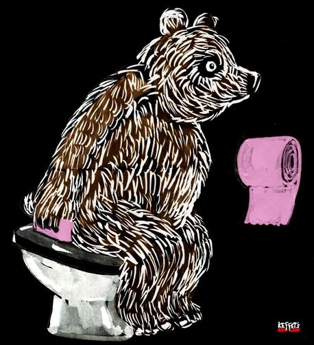 Ein Bär sitzt auf einer Toilette und putzt sich gerade mit einem Blatt rosafarbigem Papier den Hintern ab. Vor ihm hängt ebenfalls eine Rolle rosafarbiges Toilettenpapier, denn Bären nehmen zum Abputzen ihrer Geschäfte keine Kaninchen, sie bevorzugen rosafarbiges und 3-lagiges Toilettenpapier.