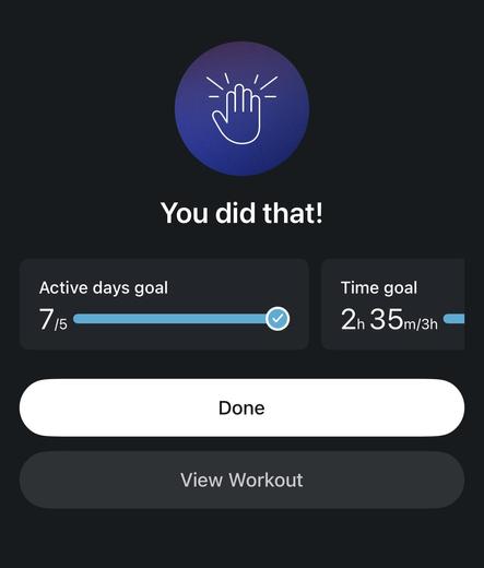 Screenshot of the iOS Peloton app with an icon have a hand slapping like a high five, and a title that exclaims: “You did that!”