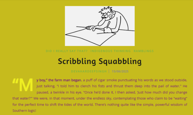 Cartoon of a man scribbling. Picture of blog page with opening paragraph.
