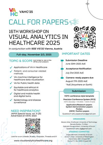 If you found the insights from the past JAMIA special issue on Visual Analytics in Healthcare thought-provoking, you should definitely consider being part of VAHC 2025.
This year’s workshop, co-located with IEEE VIS in Vienna, builds on 15 years of impactful work.
We're launching a Grand Challenge - Position Paper track
Covering topics from clinical care and LLMs to ethical AI
Submit by June 30, 2025 Anywhere on Earth
Join us at IEEE VIS 2025, Vienna