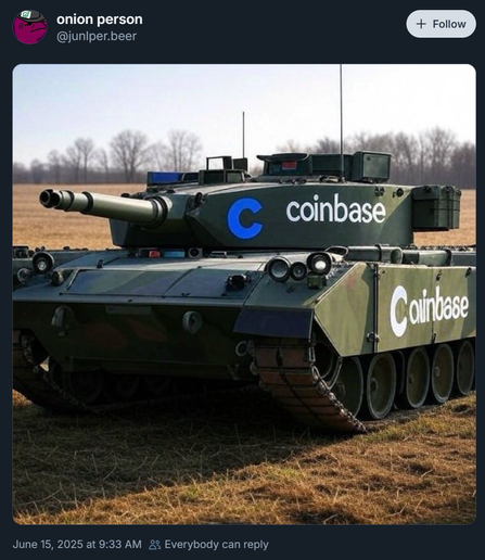 Bluesky post from Juniper (@junlper.beer‬) on June 15 with an AI-generated image of a tank with the Coinbase logo on the side. The logo mark is improperly rendered and the text is clearly mangled by the image generation model.