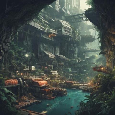 Model: RealVisXL V4.0
(retro futuristic illustration, comic book, vector, 4k, hyper-detail), underground mining colony, with lush jungle biome