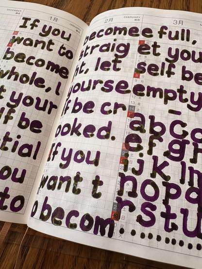 Image of writing in a notebook. The writing reads:
If you want to become whole, let yourself be partial. If you want to become straight, let yourself be crooked. If you want to become full, let yourself be empty. ~ abcdefghijklmnopqrstu…
