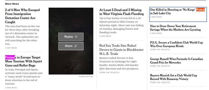 Portion of the NY Times homepage showing the only mention of the massive anti-Trump, pro-democracy protests yesterday: a reference to the killing of a protester in Utah.