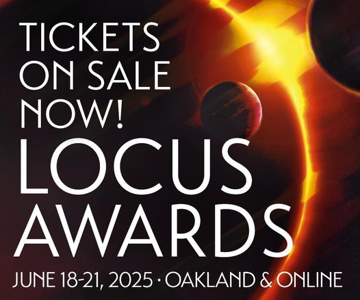 "tickets on sale now for locus awards" text over orange eclipsing planets