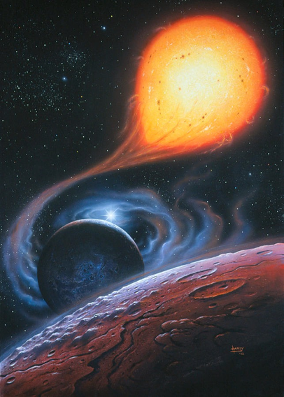 A vivid cosmic scene featuring three celestial bodies: in the foreground, a large red planet with a textured, cratered surface that resembles Mars; in the midground, a shadowed, bluish-black moon or smaller planet, partially lit with a faint blue glow; and in the background, a massive, bright orange-red star with a teardrop shape, as though being pulled by gravitational forces. Streams of solar plasma arc from the star toward the central planet, creating a glowing, ethereal bridge of energy. Wisps of cosmic gas and glowing tendrils swirl between the celestial bodies. A burst of starlight gleams at the horizon line between the moon and the red planet. The background is filled with distant stars scattered across the dark expanse of space. The entire composition has a fantastical, painted quality, with rich color contrast and a sense of cosmic drama and wonder.
