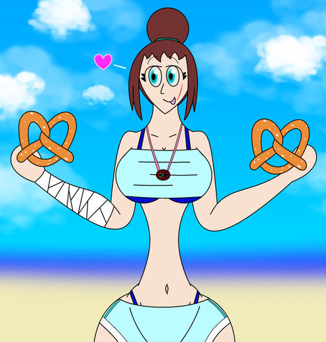Drawing of Mrs. Eddant wearing a short tube top and short shorts while also wearing a blue bikini underneath them. She also wears a string necklace with the rainbow infinity symbol (ActuallyAutistic) on it. At the beach during daytime with a few clouds outside, she happily holds two soft pretzels covered in some salt.