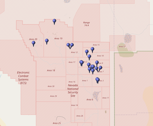 Kartierung aller Koordinaten von "Operation Praetorian (Atomtest)" im Testgebiet Nevada (Nevada National Security Site, NNSS)
Quelle: OpenStreetMap
Lizenz: Open Data Commons Open Database-Lizenz (ODbL)